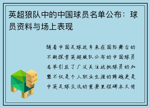 英超狼队中的中国球员名单公布：球员资料与场上表现